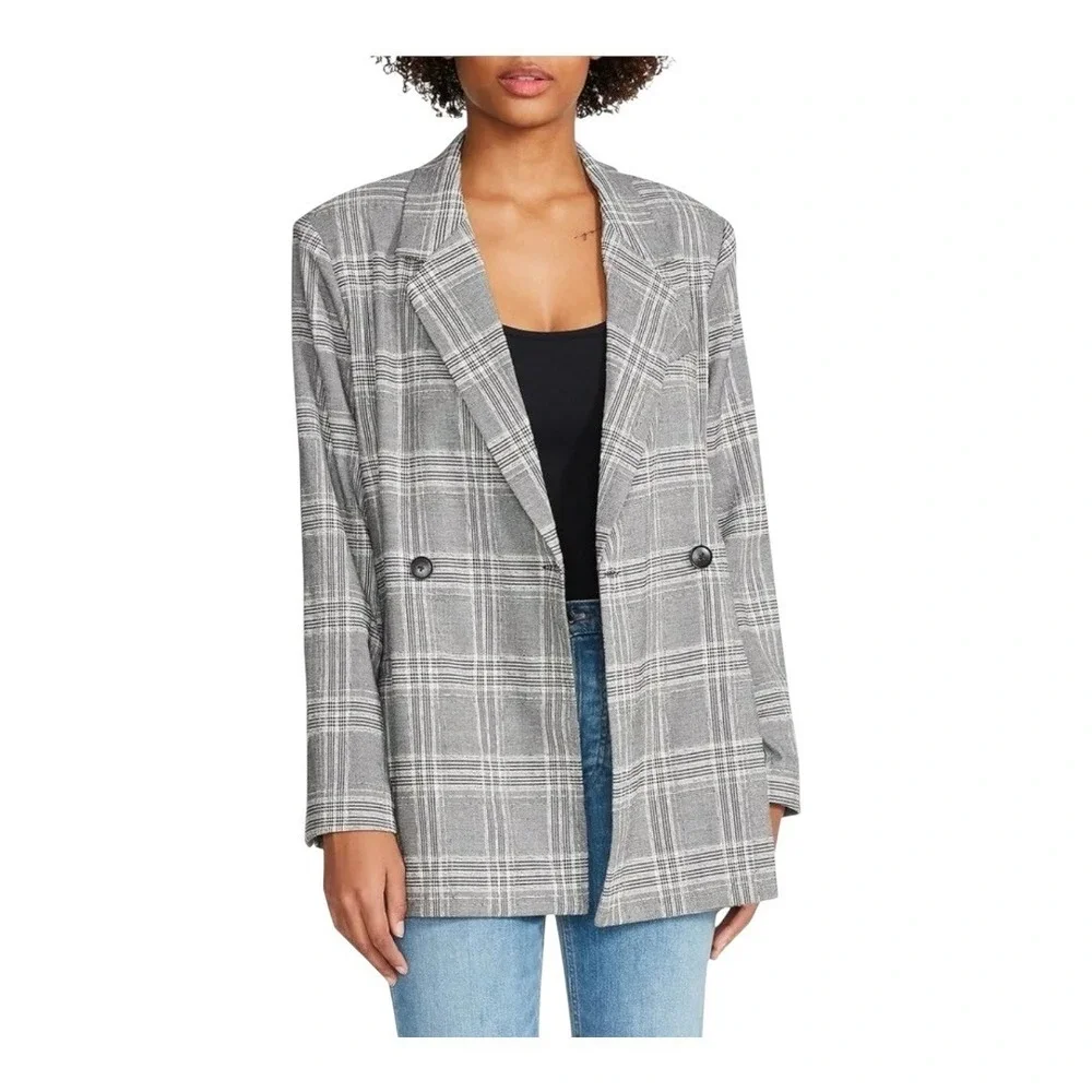 Steve Madden Plaid Double Breasted Blazer Womens Large Gray Professional